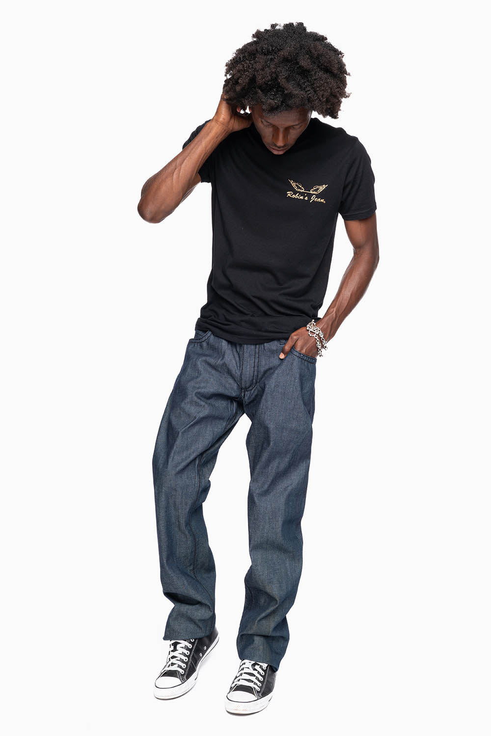 ROBIN'S SLIM FIT JEANS IN RAW DENIM EMBROIDERED ROBIN'S WING LOGO WITH BLK HEAVY STITCHING