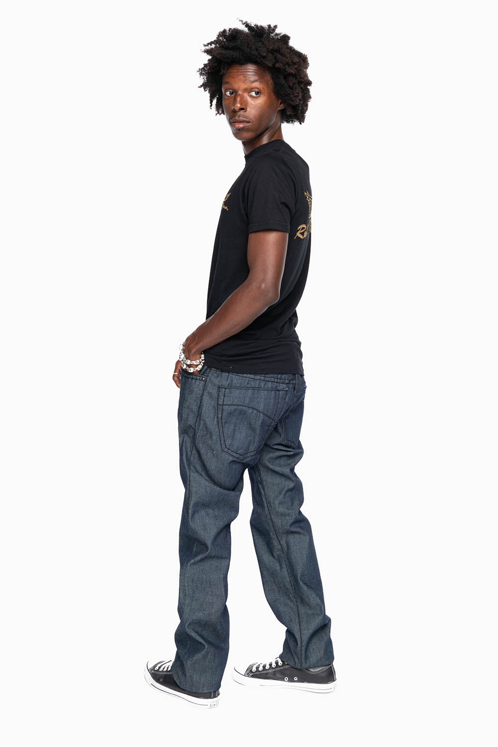 ROBIN'S SLIM FIT JEANS IN RAW DENIM EMBROIDERED ROBIN'S WING LOGO WITH BLK HEAVY STITCHING
