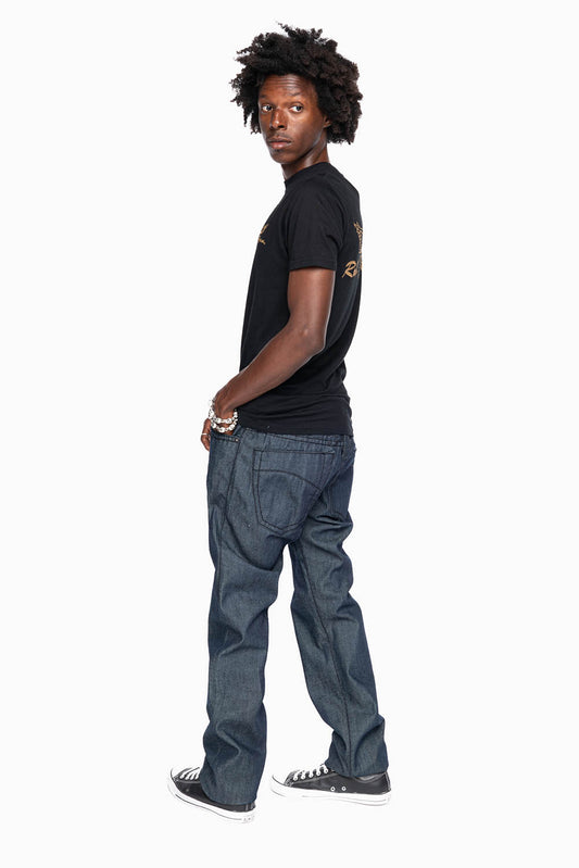 ROBIN'S SLIM FIT JEANS IN RAW DENIM EMBROIDERED ROBIN'S WING LOGO WITH BLK HEAVY STITCHING