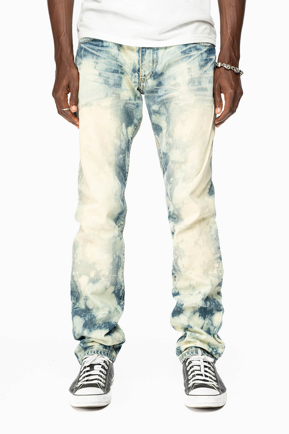 MENS CLASSIC 5 POCKET STRAIGHT LEG JEANS IN JAPAN MEDIUM WASH WITH BLACK DIAMOND CRYSTALS