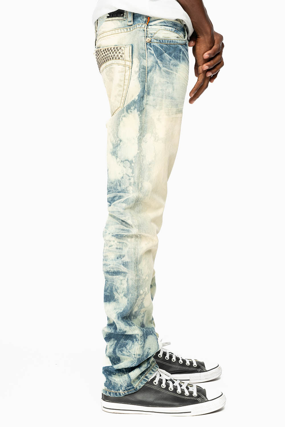 MENS CLASSIC 5 POCKET STRAIGHT LEG JEANS IN JAPAN MEDIUM WASH WITH BLACK DIAMOND CRYSTALS