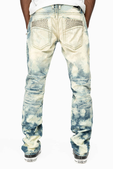 MENS CLASSIC 5 POCKET STRAIGHT LEG JEANS IN JAPAN MEDIUM WASH WITH BLACK DIAMOND CRYSTALS