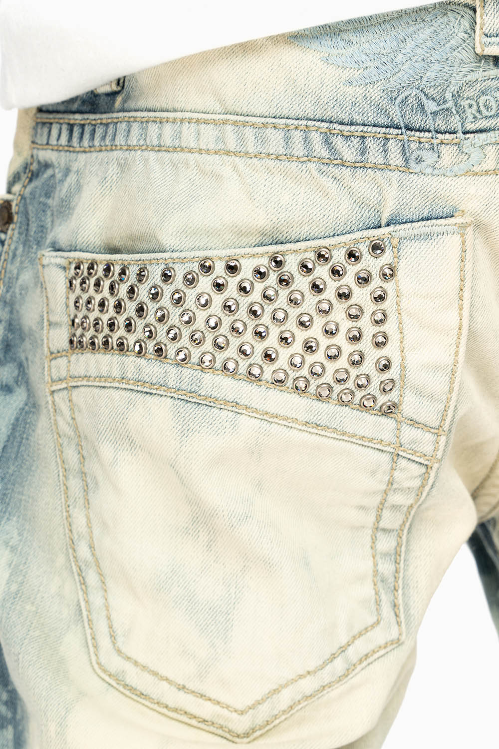 MENS CLASSIC 5 POCKET STRAIGHT LEG JEANS IN JAPAN MEDIUM WASH WITH BLACK DIAMOND CRYSTALS