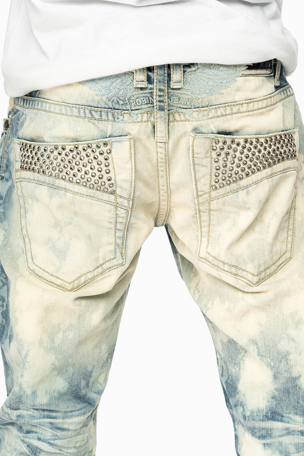 MENS CLASSIC 5 POCKET STRAIGHT LEG JEANS IN JAPAN MEDIUM WASH WITH BLACK DIAMOND CRYSTALS