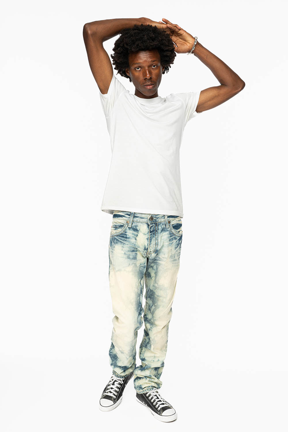 MENS CLASSIC 5 POCKET STRAIGHT LEG JEANS IN JAPAN MEDIUM WASH WITH BLACK DIAMOND CRYSTALS
