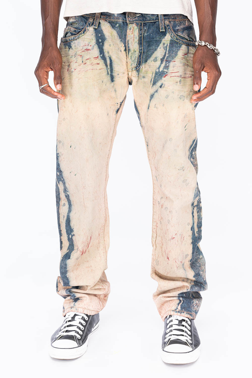 CLASSIC 5 POCKET STRAIGHT LEG IN BLUE -BEIGE GRAFFITI WASH WITH CRYSTALS & STUDS