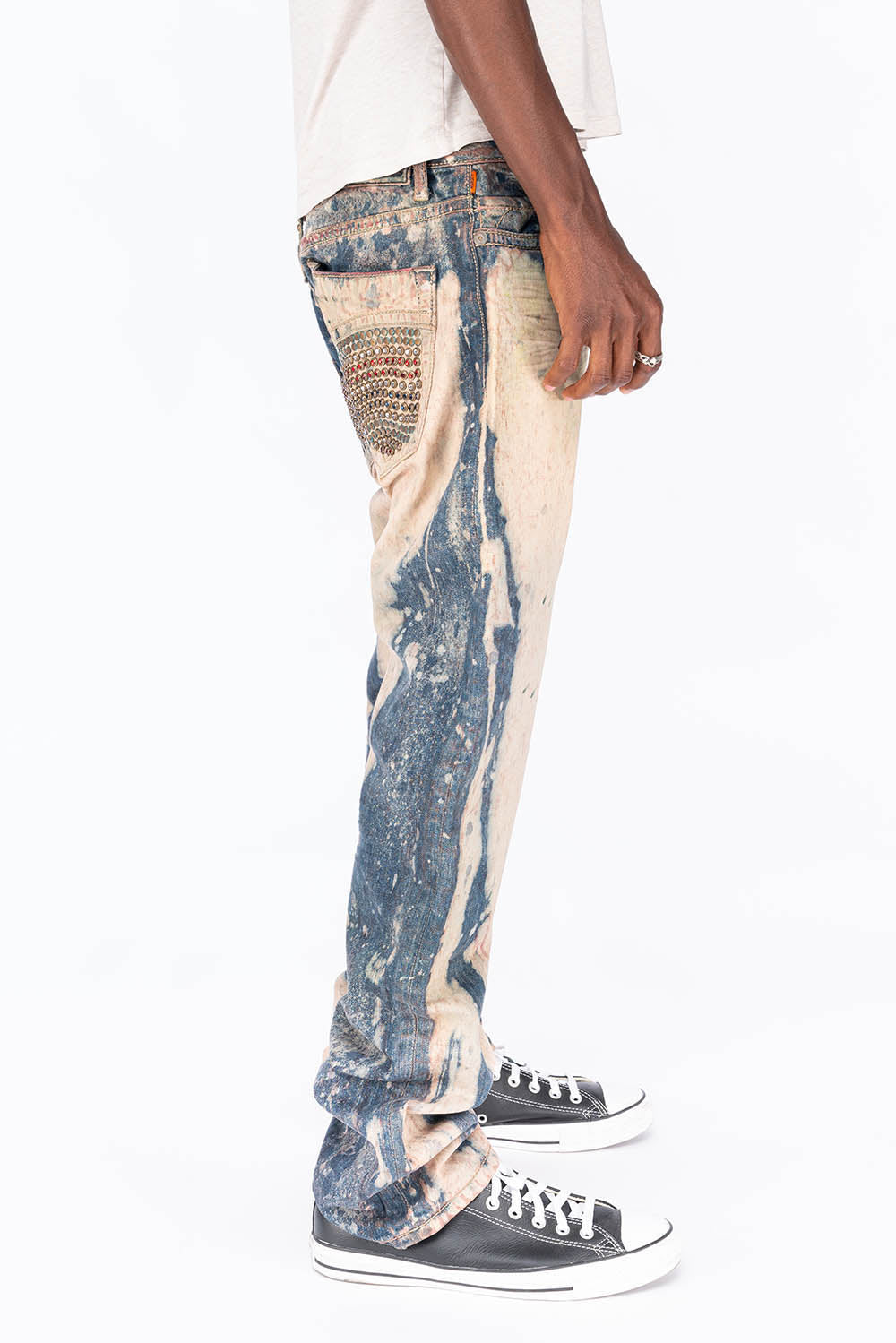 CLASSIC 5 POCKET STRAIGHT LEG IN BLUE -BEIGE GRAFFITI WASH WITH CRYSTALS & STUDS