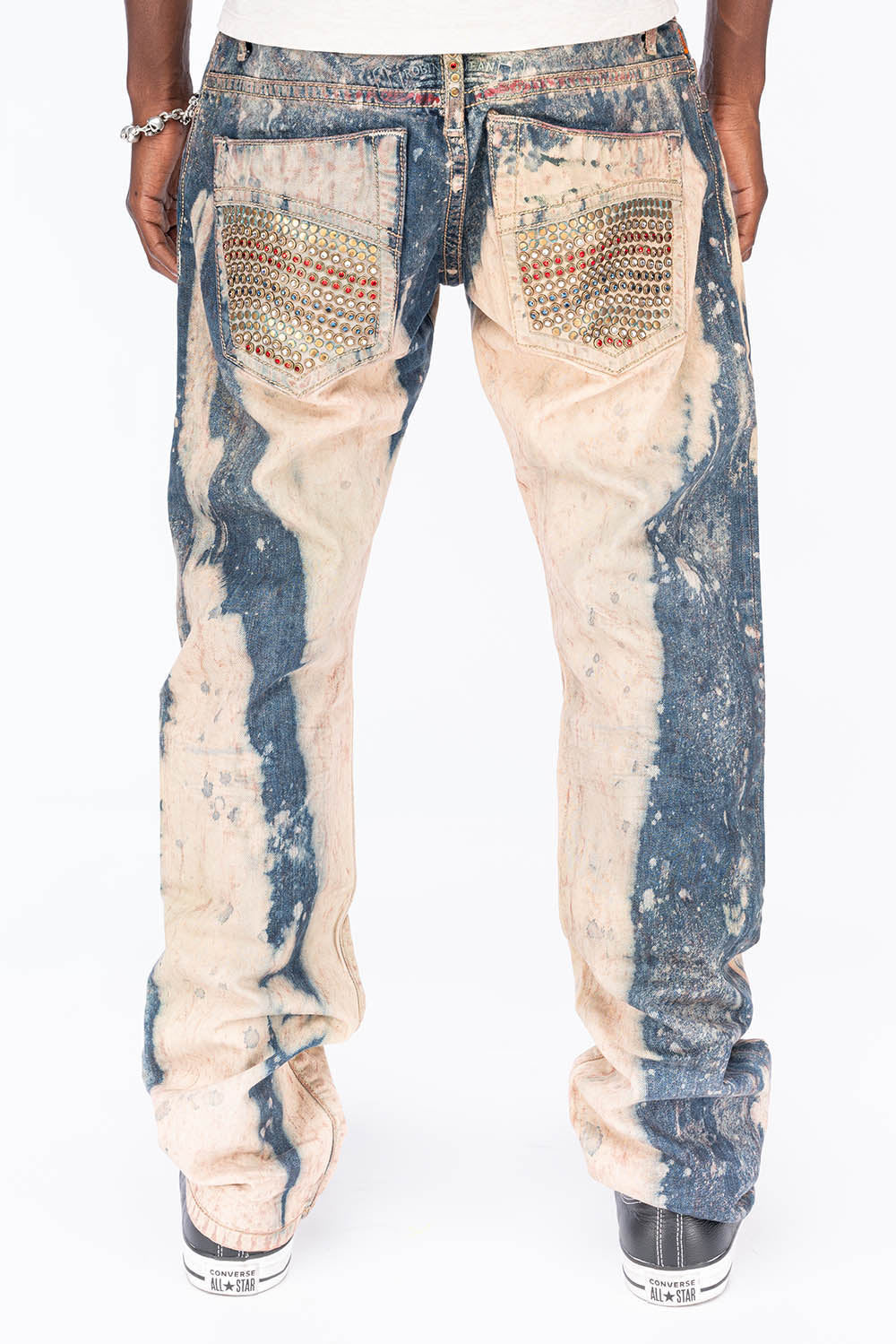 CLASSIC 5 POCKET STRAIGHT LEG IN BLUE -BEIGE GRAFFITI WASH WITH CRYSTALS & STUDS