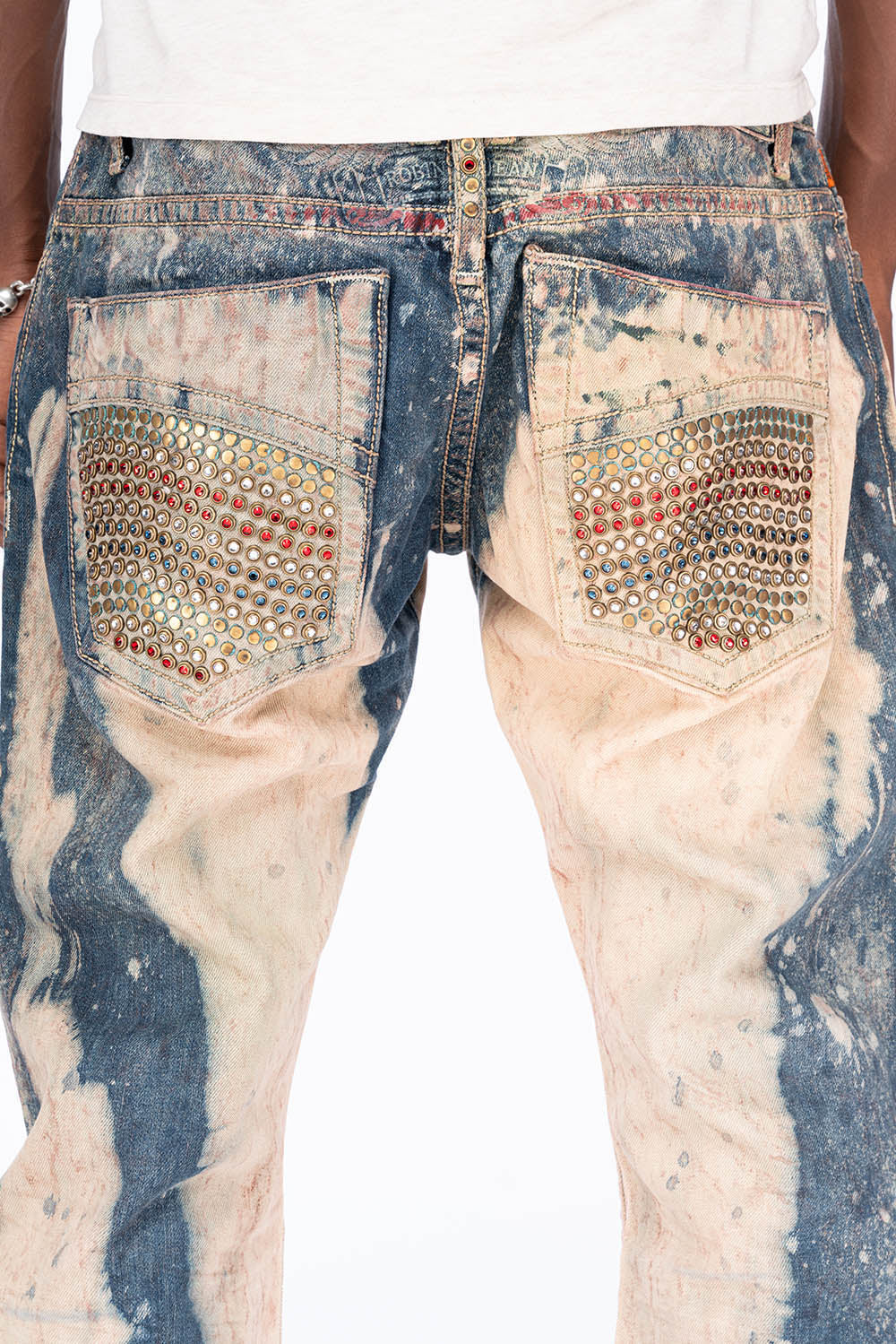 CLASSIC 5 POCKET STRAIGHT LEG IN BLUE -BEIGE GRAFFITI WASH WITH CRYSTALS & STUDS