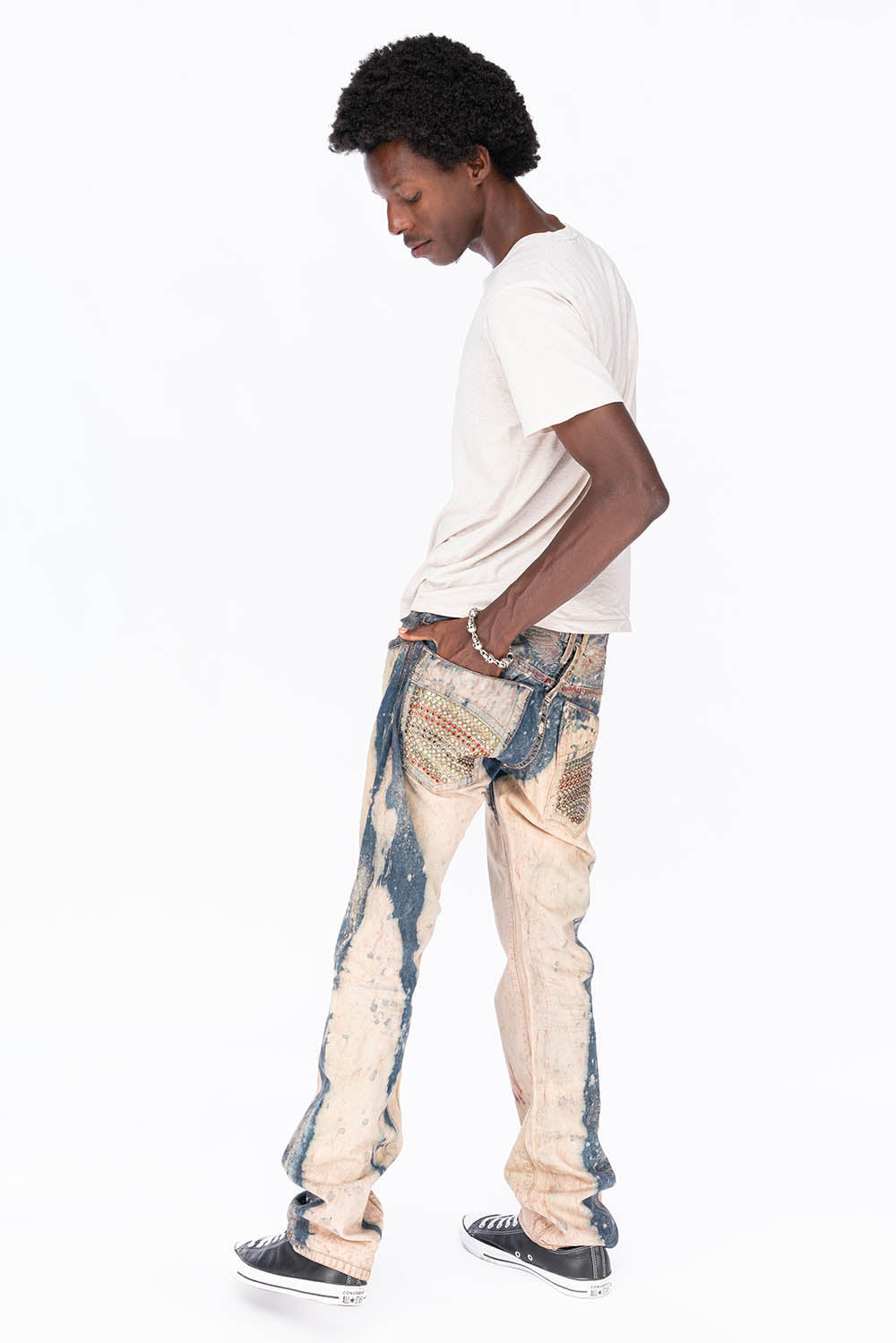 CLASSIC 5 POCKET STRAIGHT LEG IN BLUE -BEIGE GRAFFITI WASH WITH CRYSTALS & STUDS