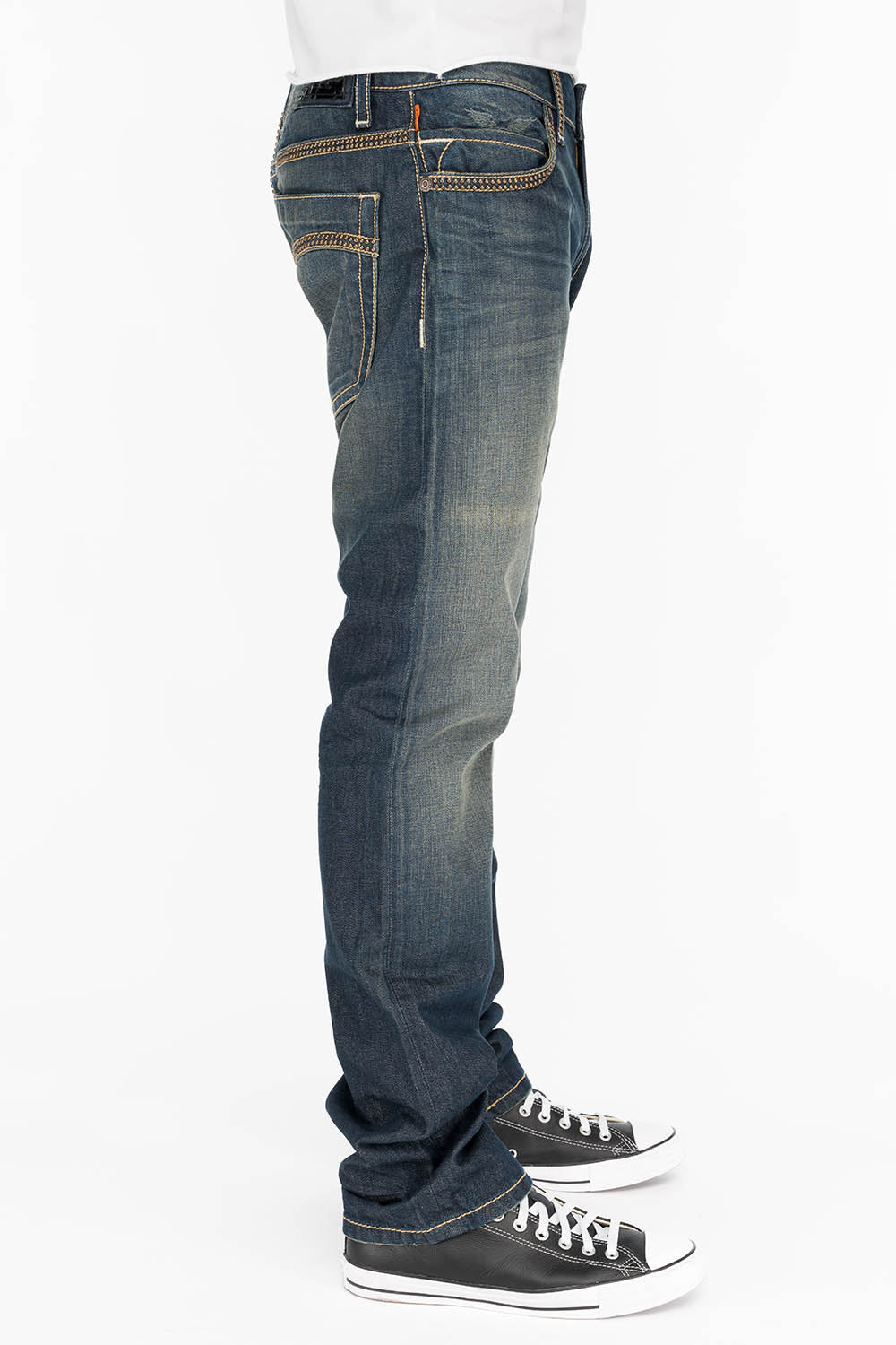 MENS CLASSIC 5 POCKET STRAIGHT LEG JEANS IN SMOKY DARK WITH STUDS