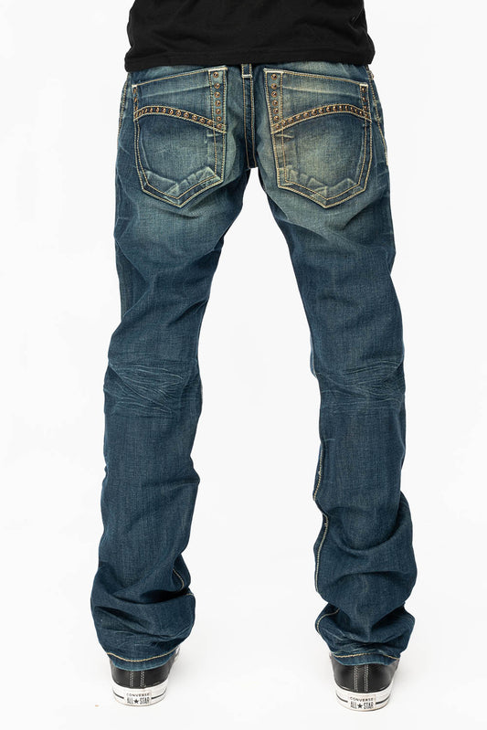 MENS CLASSIC 5 POCKET STRAIGHT LEG JEANS IN BLUE DARK WASH WITH STUDS