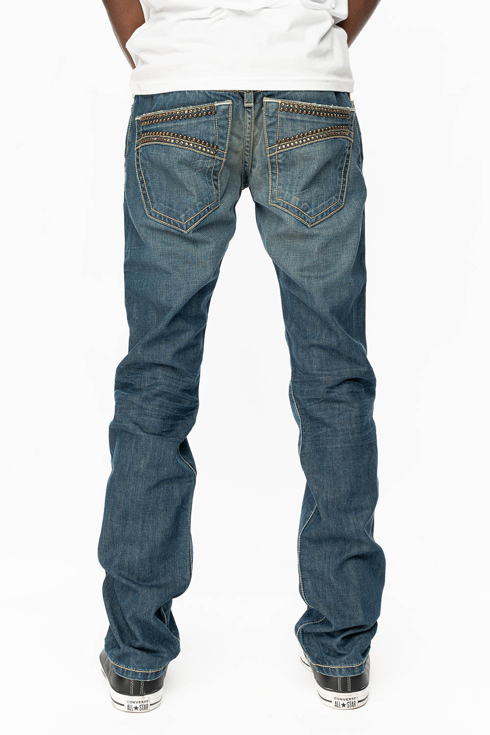 MENS CLASSIC 5 POCKET STRAIGHT LEG JEANS IN 3D MEDIUM WASH WITH STUDS AND CRYSTALS