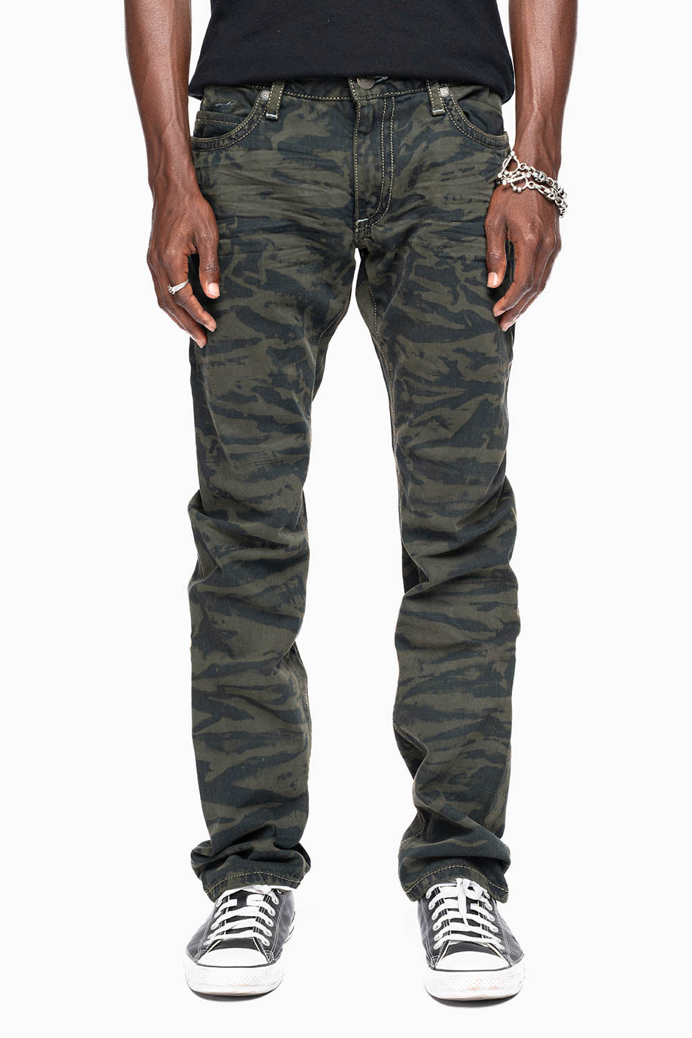 MENS CLASSIC 5 POCKET STRAIGHT LEG JEANS IN SALT DARK GREEN WASH EMBELLISHED WITH STUDS