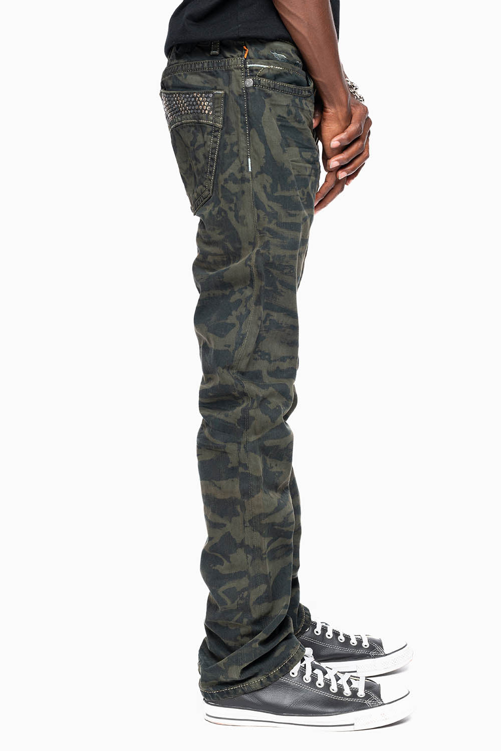MENS CLASSIC 5 POCKET STRAIGHT LEG JEANS IN SALT DARK GREEN WASH EMBELLISHED WITH STUDS