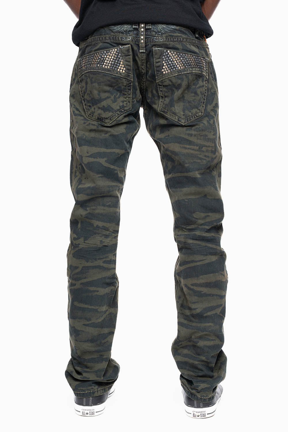 MENS CLASSIC 5 POCKET STRAIGHT LEG JEANS IN SALT DARK GREEN WASH EMBELLISHED WITH STUDS
