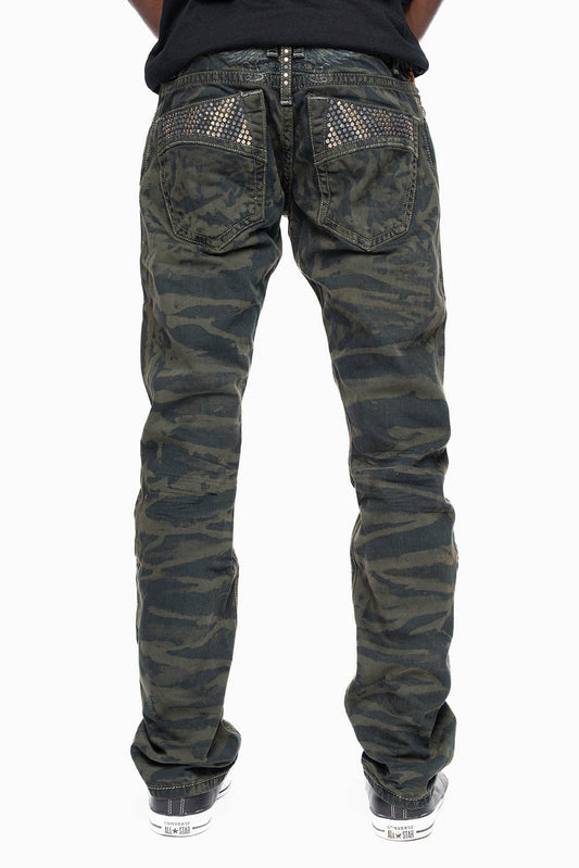 MENS CLASSIC 5 POCKET STRAIGHT LEG JEANS IN SALT DARK GREEN WASH EMBELLISHED WITH STUDS