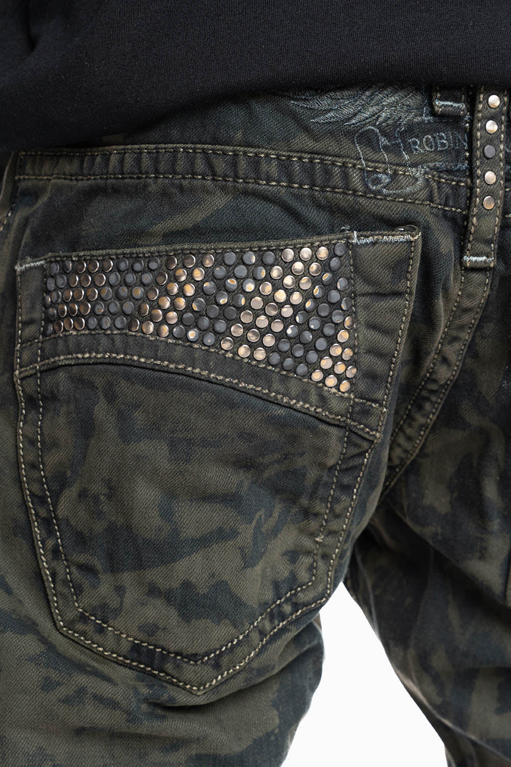 MENS CLASSIC 5 POCKET STRAIGHT LEG JEANS IN SALT DARK GREEN WASH EMBELLISHED WITH STUDS