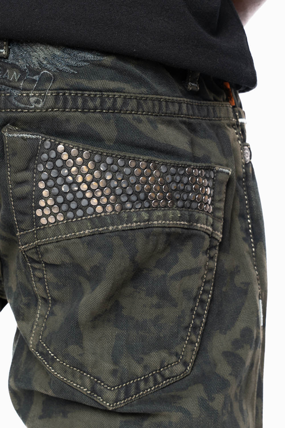 MENS CLASSIC 5 POCKET STRAIGHT LEG JEANS IN SALT DARK GREEN WASH EMBELLISHED WITH STUDS