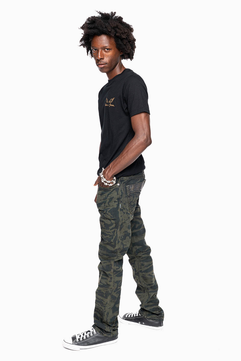 MENS CLASSIC 5 POCKET STRAIGHT LEG JEANS IN SALT DARK GREEN WASH EMBELLISHED WITH STUDS