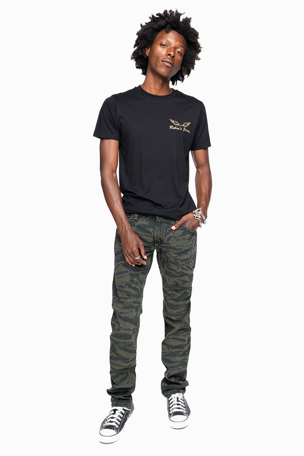 MENS CLASSIC 5 POCKET STRAIGHT LEG JEANS IN SALT DARK GREEN WASH EMBELLISHED WITH STUDS