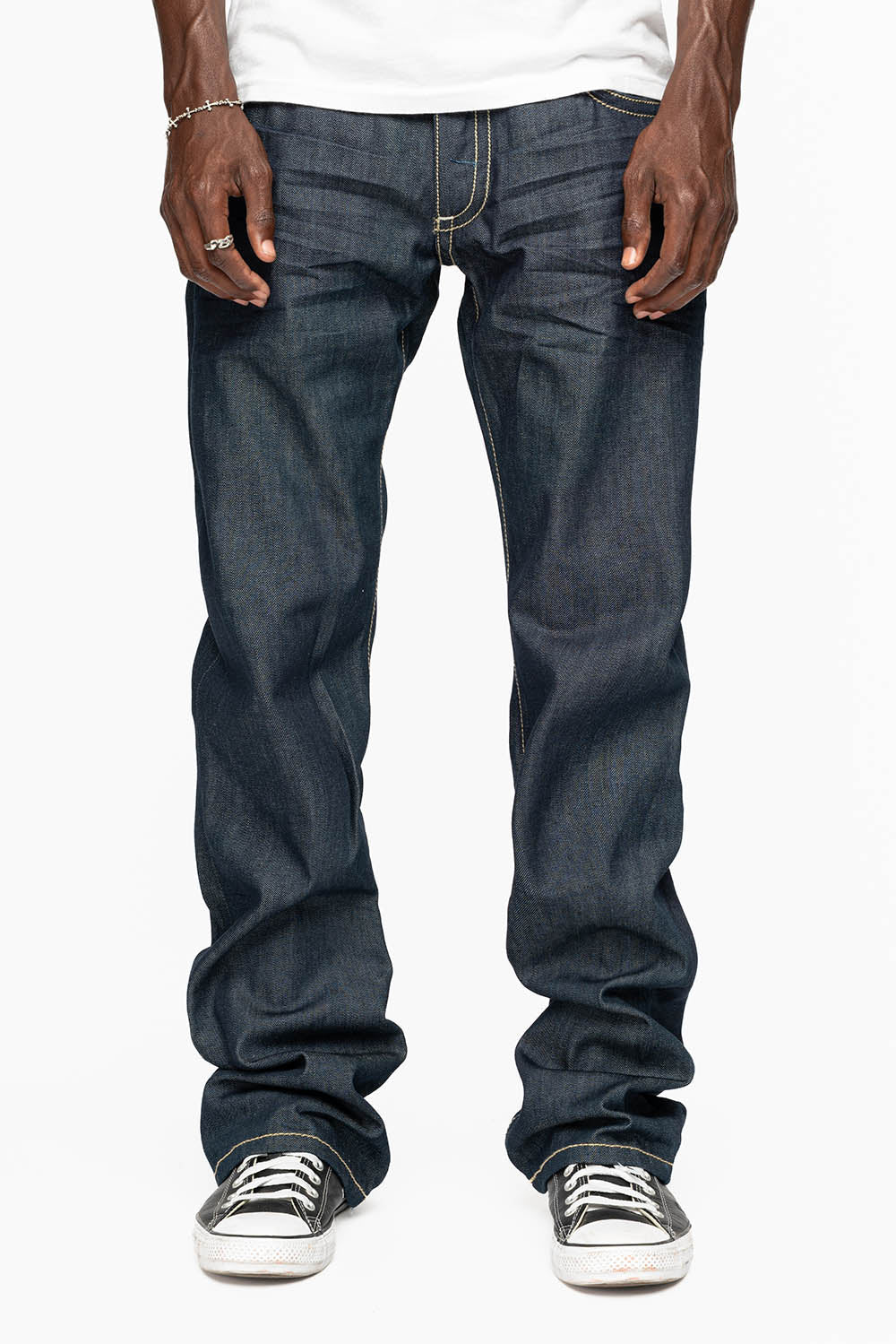 ROCK N ROLL JEAN WITH ZIPPERS  EMBELLISHED WITH PATCHES AND CRYSTALS IN RAW DENIM
