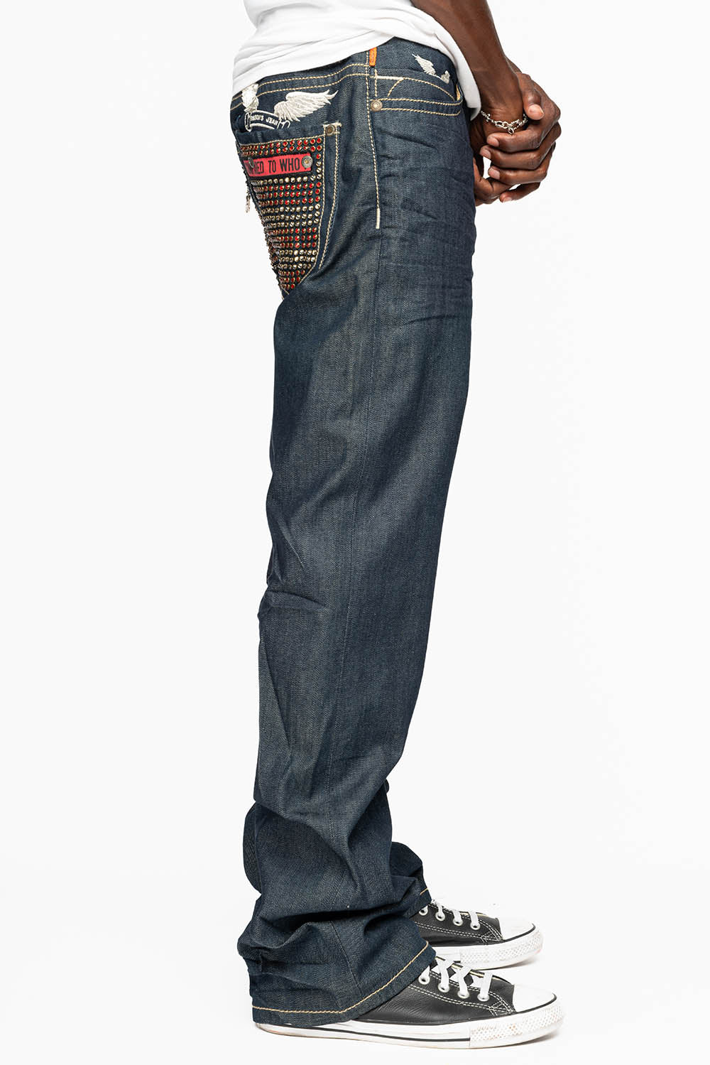 ROCK N ROLL JEAN WITH ZIPPERS  EMBELLISHED WITH PATCHES AND CRYSTALS IN RAW DENIM
