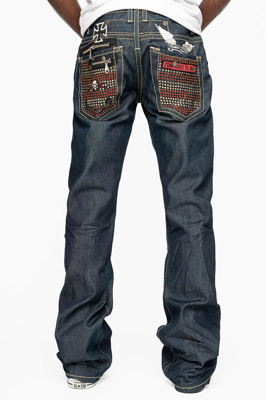 ROCK N ROLL JEAN WITH ZIPPERS  EMBELLISHED WITH PATCHES AND CRYSTALS IN RAW DENIM