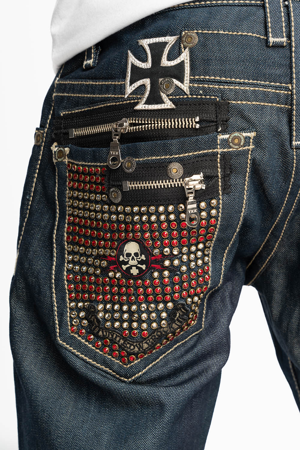 ROCK N ROLL JEAN WITH ZIPPERS  EMBELLISHED WITH PATCHES AND CRYSTALS IN RAW DENIM