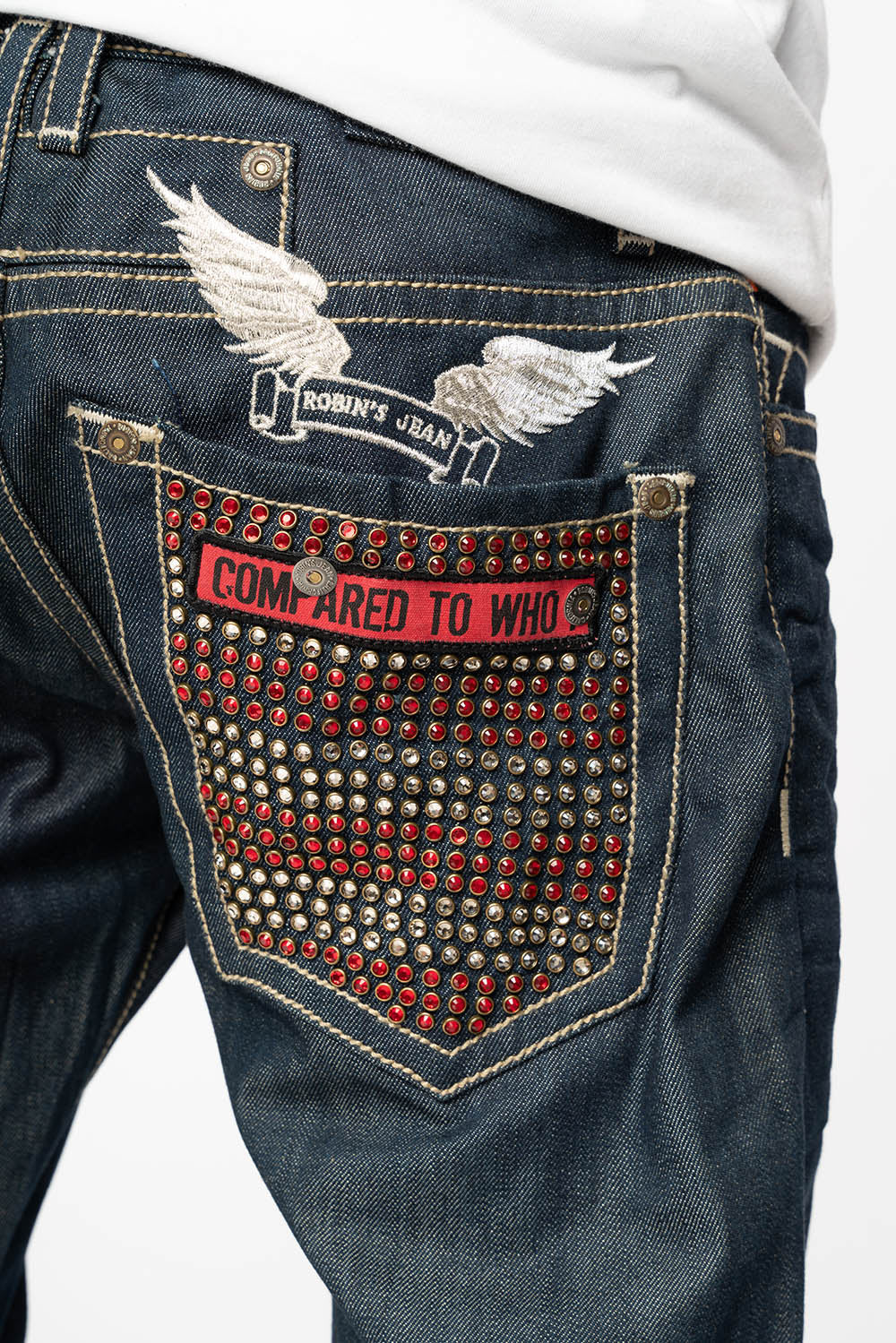 ROCK N ROLL JEAN WITH ZIPPERS  EMBELLISHED WITH PATCHES AND CRYSTALS IN RAW DENIM