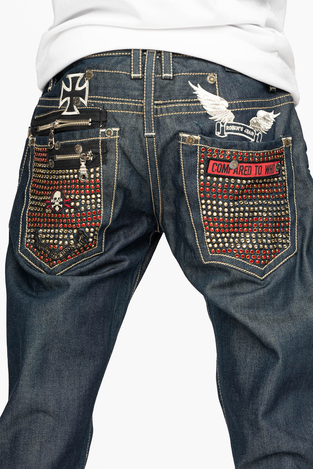 ROCK N ROLL JEAN WITH ZIPPERS  EMBELLISHED WITH PATCHES AND CRYSTALS IN RAW DENIM