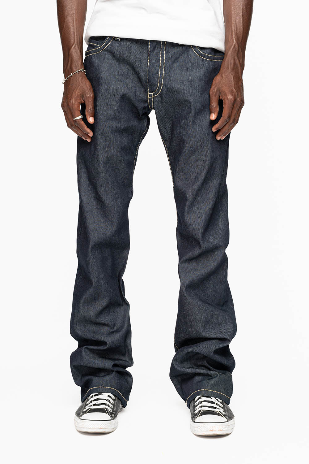 TOBACCO JEAN W/BLK LEATHER FLAP & ZIPPERS IN RAW DENIM