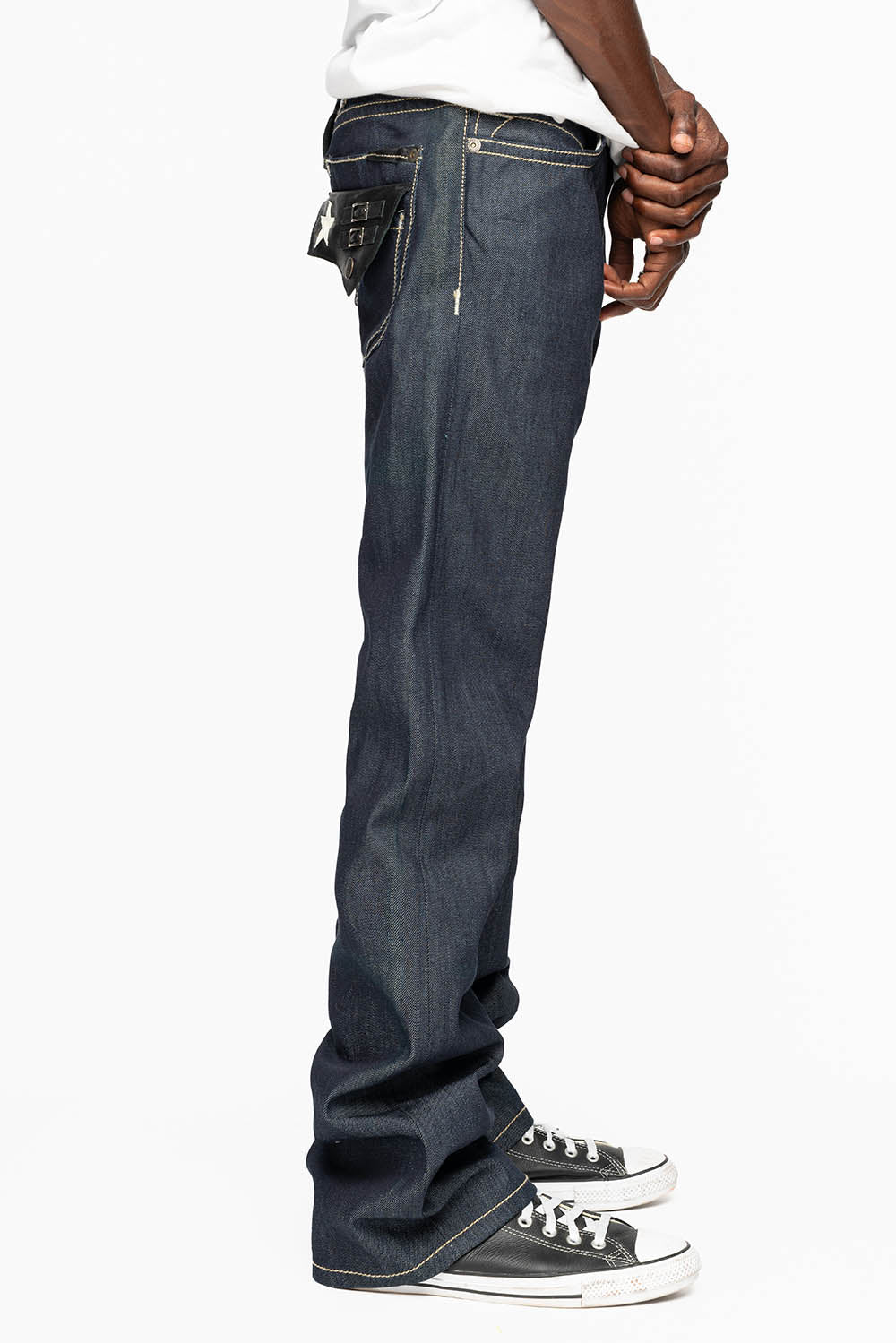 TOBACCO JEAN W/BLK LEATHER FLAP & ZIPPERS IN RAW DENIM