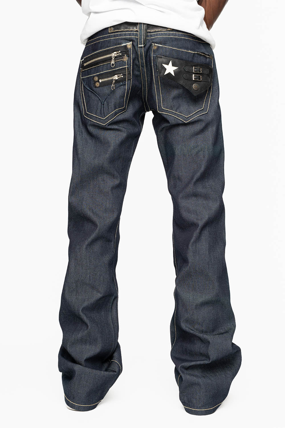 TOBACCO JEAN W/BLK LEATHER FLAP & ZIPPERS IN RAW DENIM
