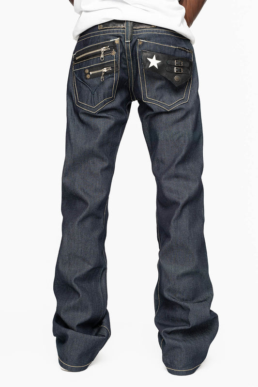 TOBACCO JEAN W/BLK LEATHER FLAP & ZIPPERS IN RAW DENIM