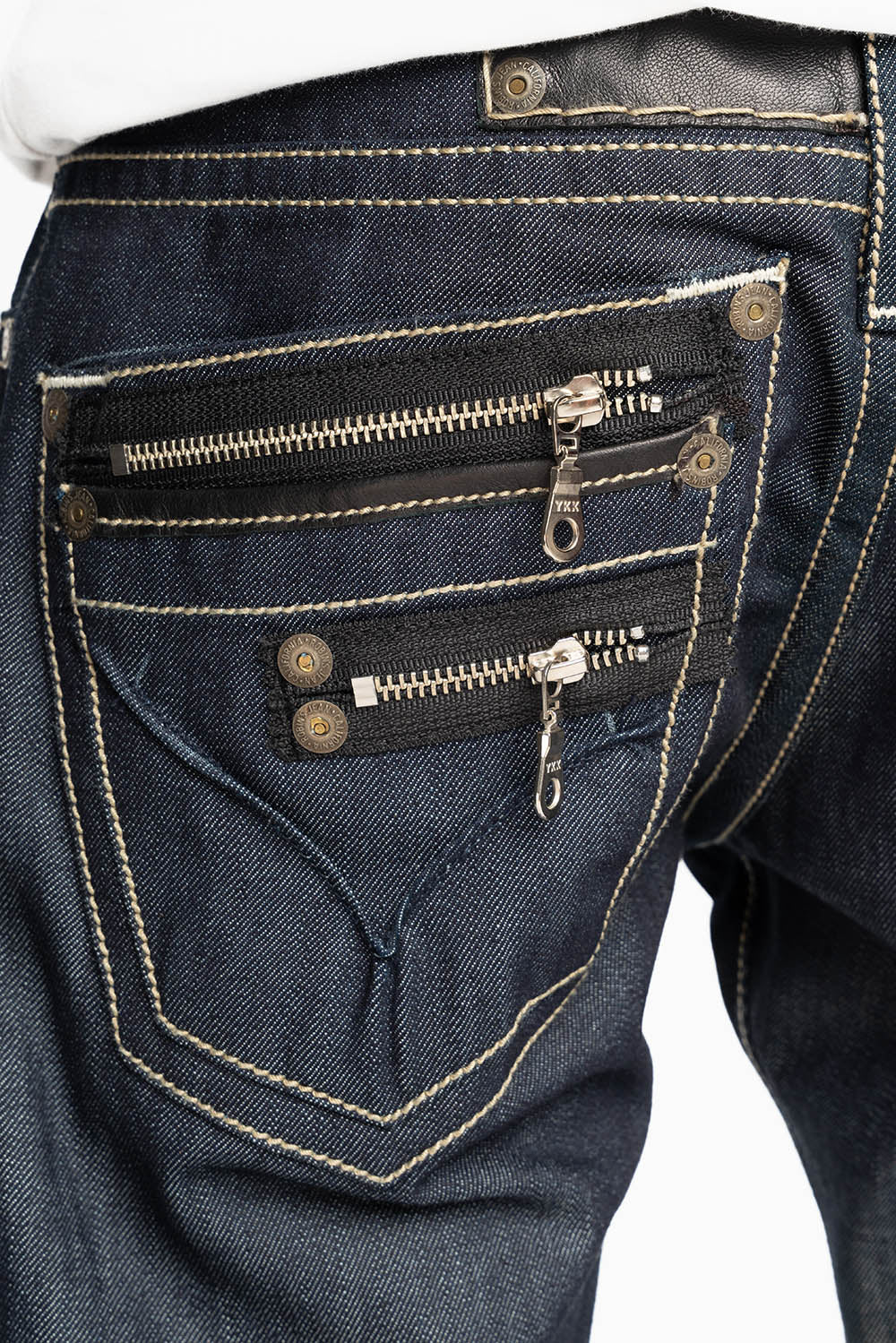 TOBACCO JEAN W/BLK LEATHER FLAP & ZIPPERS IN RAW DENIM