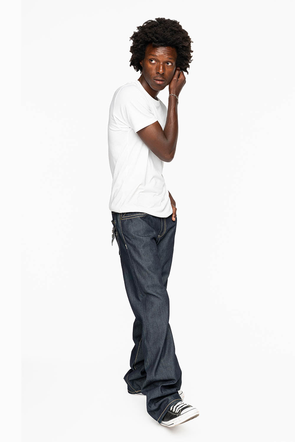TOBACCO JEAN W/BLK LEATHER FLAP & ZIPPERS IN RAW DENIM