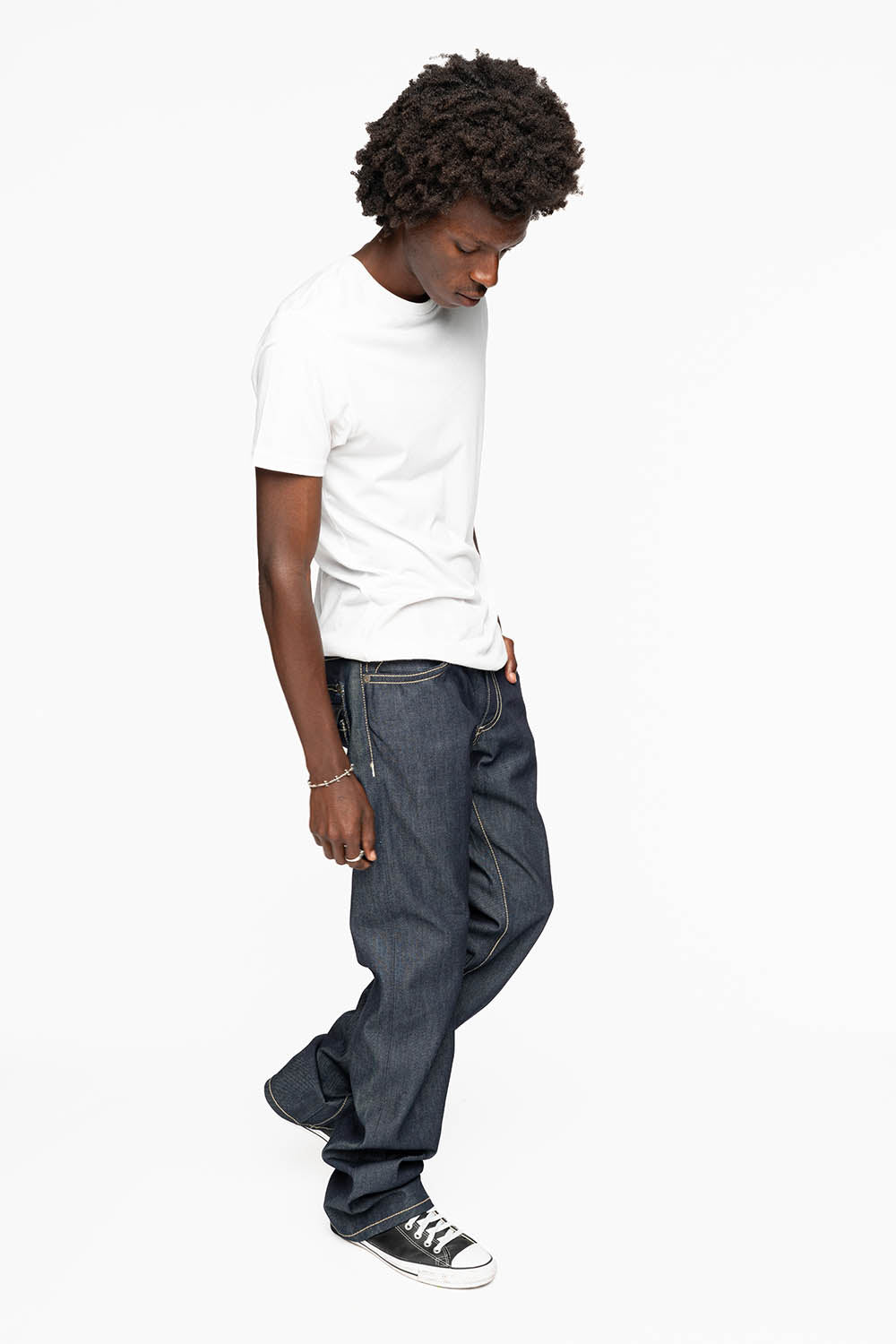 TOBACCO JEAN W/BLK LEATHER FLAP & ZIPPERS IN RAW DENIM