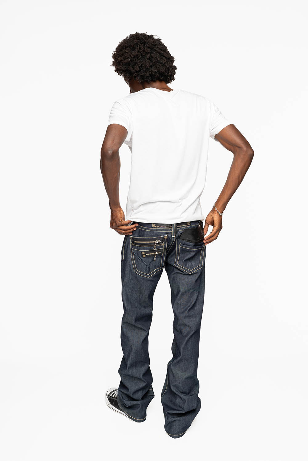 TOBACCO JEAN W/BLK LEATHER FLAP & ZIPPERS IN RAW DENIM