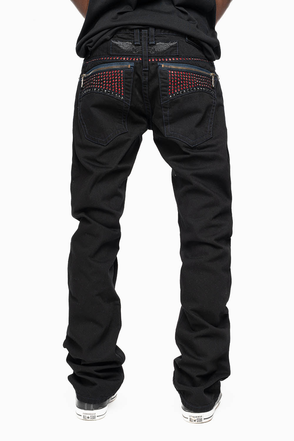 MENS CLASSIC STRAIGHT LEG ZIPPER JEAN IN PURE BLK WASH WITH RED AND LARGE JET BLK CRYSTALS