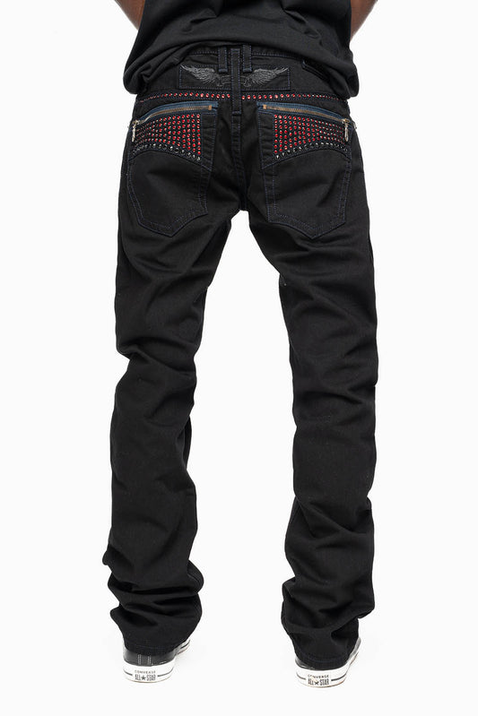 MENS CLASSIC STRAIGHT LEG ZIPPER JEAN IN PURE BLK WASH WITH RED AND LARGE JET BLK CRYSTALS