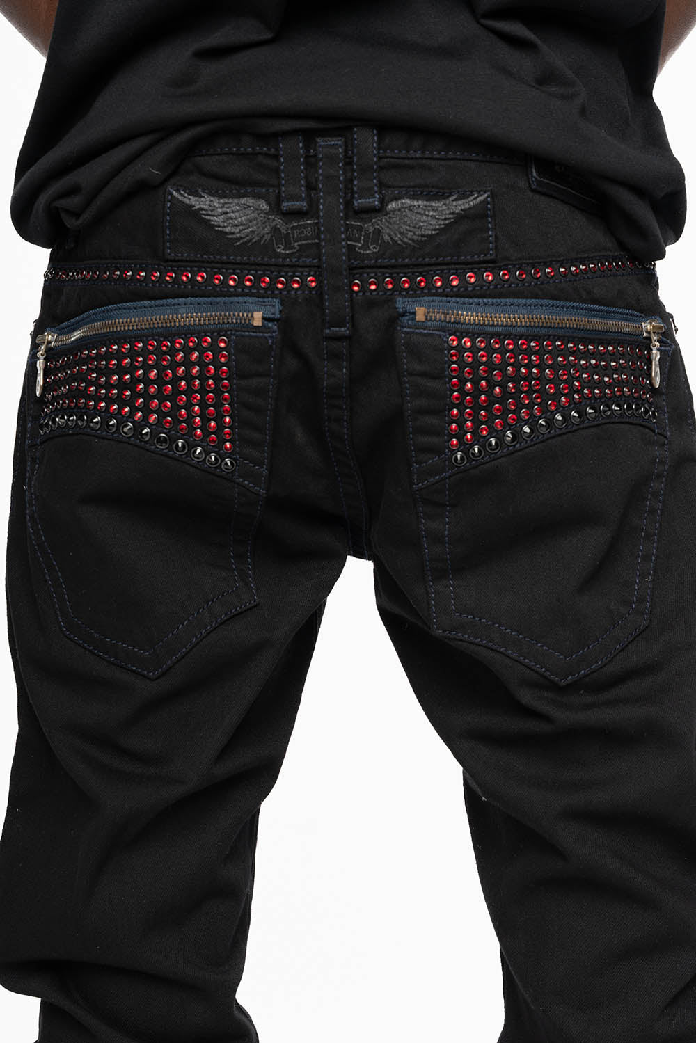 MENS CLASSIC STRAIGHT LEG ZIPPER JEAN IN PURE BLK WASH WITH RED AND LARGE JET BLK CRYSTALS