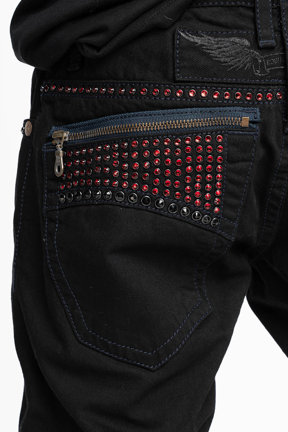 MENS CLASSIC STRAIGHT LEG ZIPPER JEAN IN PURE BLK WASH WITH RED AND LARGE JET BLK CRYSTALS