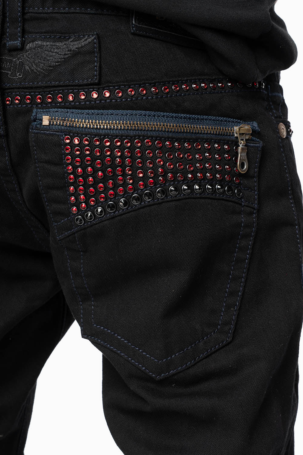 MENS CLASSIC STRAIGHT LEG ZIPPER JEAN IN PURE BLK WASH WITH RED AND LARGE JET BLK CRYSTALS