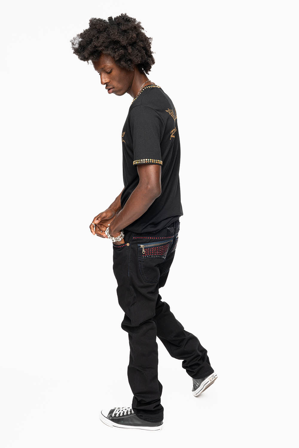 MENS CLASSIC STRAIGHT LEG ZIPPER JEAN IN PURE BLK WASH WITH RED AND LARGE JET BLK CRYSTALS