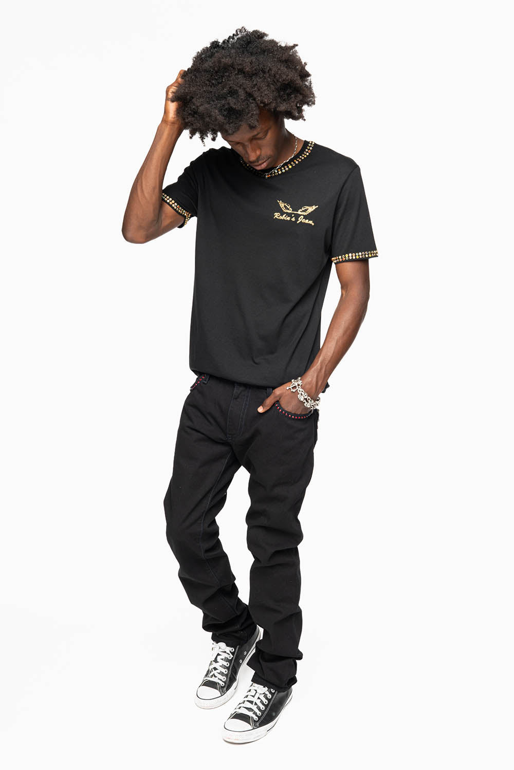 MENS CLASSIC STRAIGHT LEG ZIPPER JEAN IN PURE BLK WASH WITH RED AND LARGE JET BLK CRYSTALS