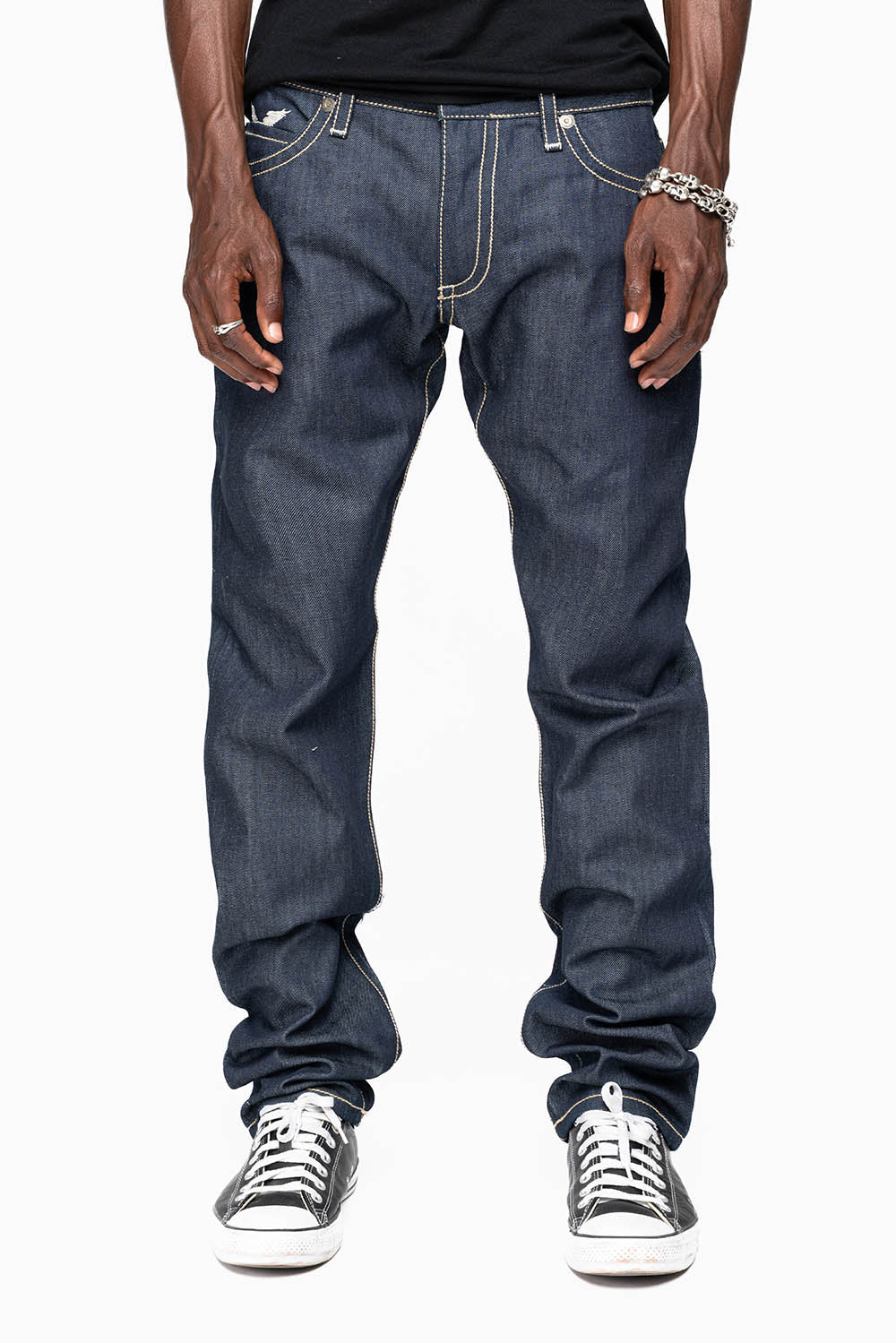 ROBIN’S BRITISH FLAG SLIM JEANS IN RAW DENIM EMBROIDERED ROBIN”S WING LOGO ON THE BACK  WITH PATCHES