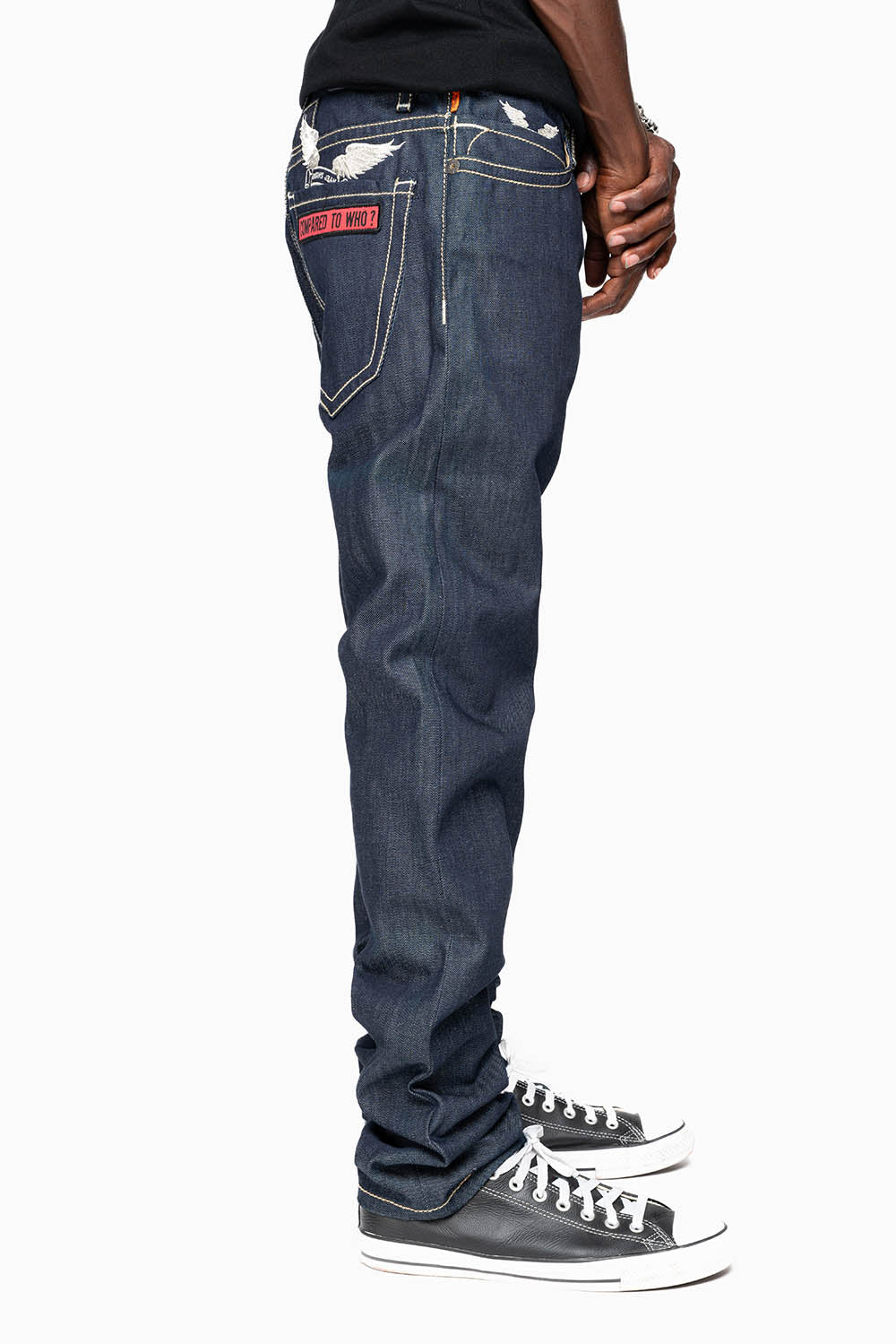 ROBIN’S BRITISH FLAG SLIM JEANS IN RAW DENIM EMBROIDERED ROBIN”S WING LOGO ON THE BACK  WITH PATCHES
