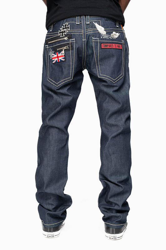 ROBIN’S BRITISH FLAG SLIM JEANS IN RAW DENIM EMBROIDERED ROBIN”S WING LOGO ON THE BACK  WITH PATCHES