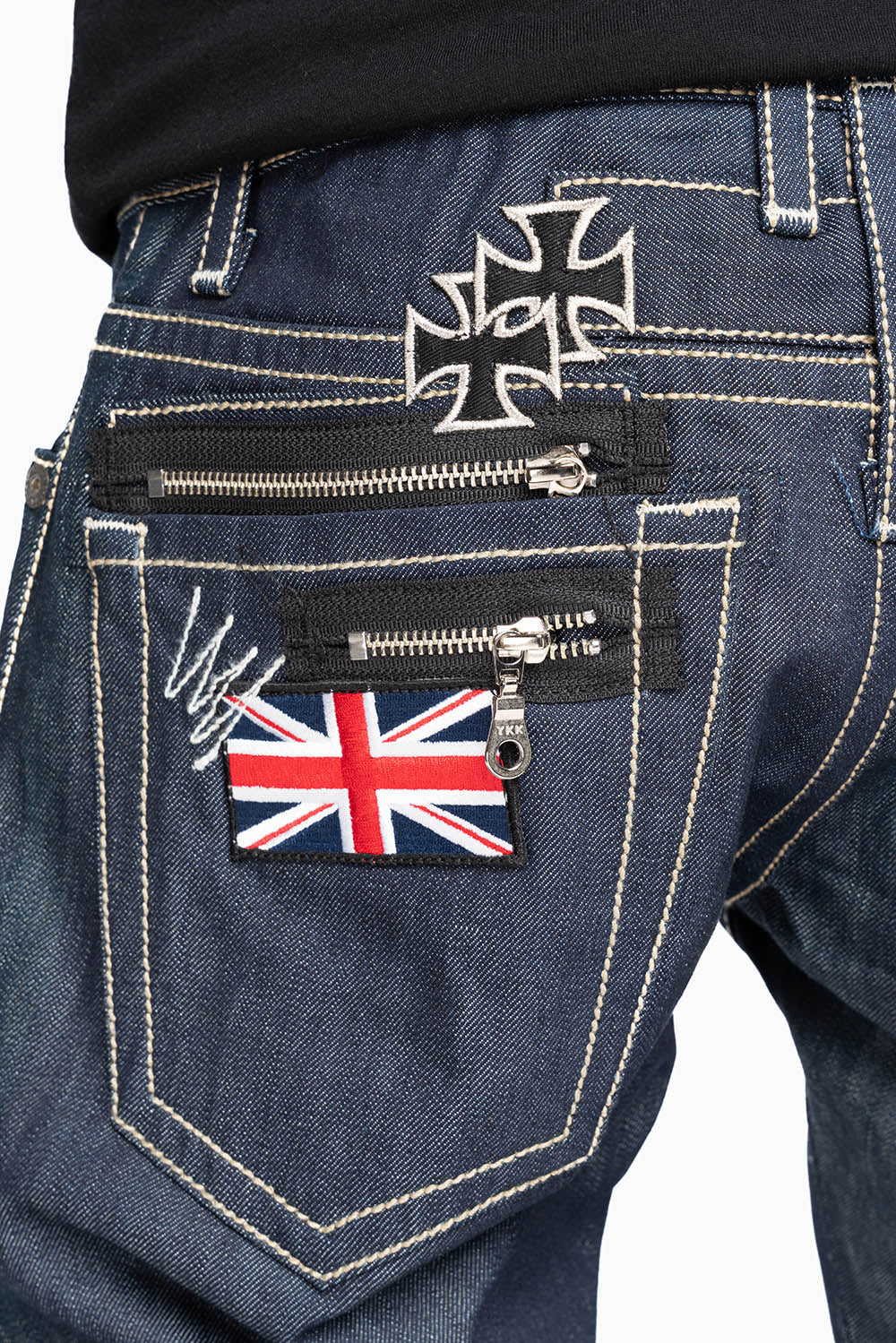 ROBIN’S BRITISH FLAG SLIM JEANS IN RAW DENIM EMBROIDERED ROBIN”S WING LOGO ON THE BACK  WITH PATCHES